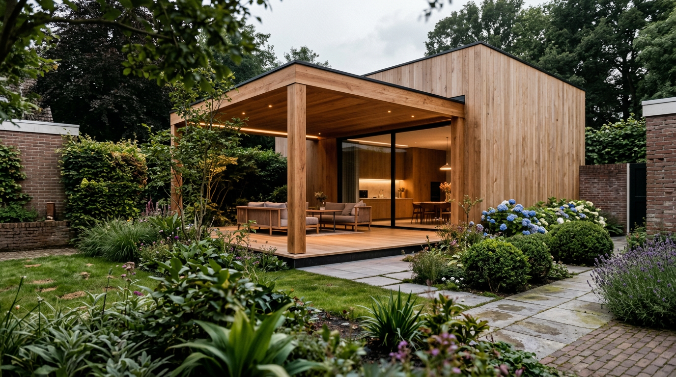 Maatwerk eikenhouten veranda bij avondlicht